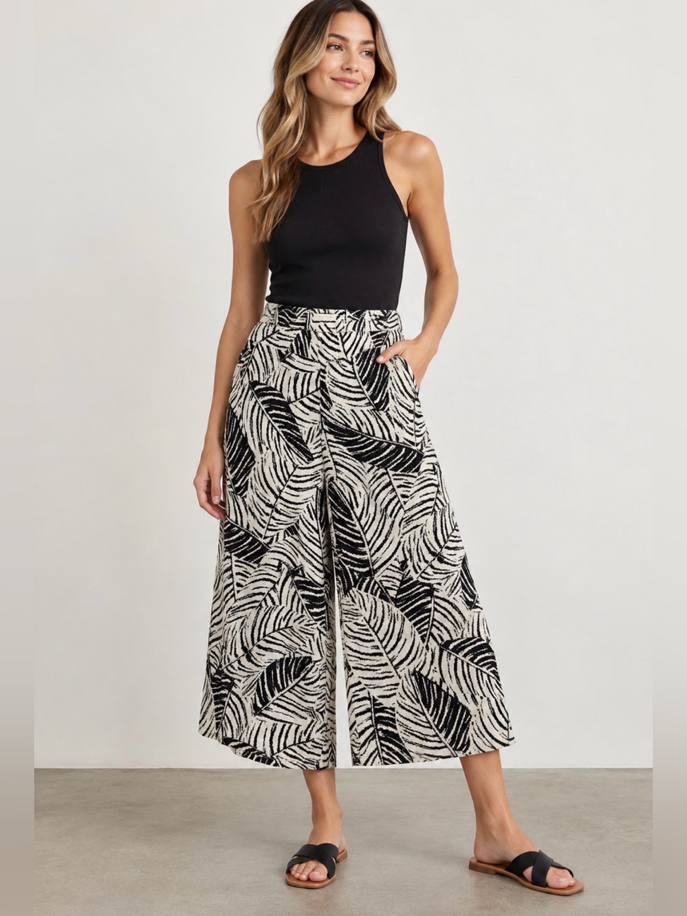 Cynthia Rowley 100% Linen Culottes Small Black White Tropical Wide Leg